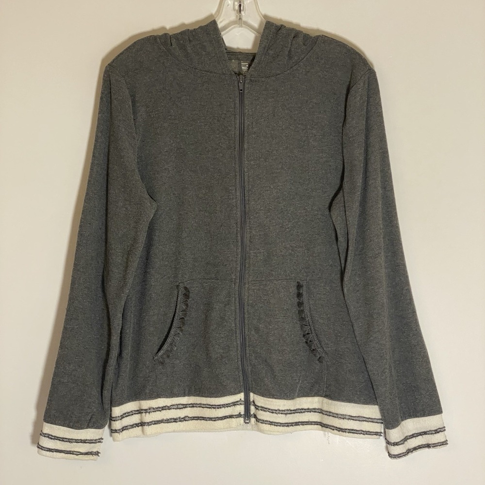 Silverwear Hooded Jacket Womens Medium Gray Terrycloth Ruffle Pockets Full Zip M